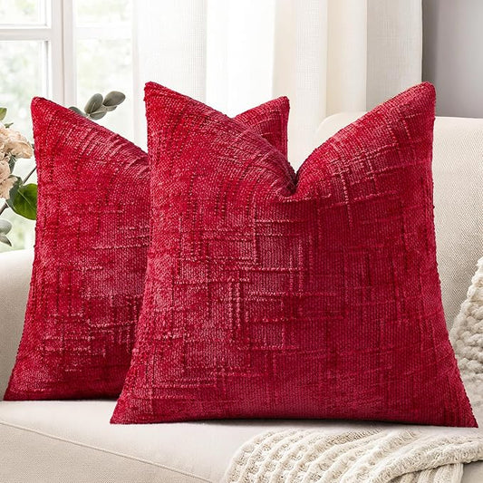 decorUhome Spring Red Chenille Throw Pillow Covers 18x18 Set of 2 Textured Slubby Couch Pillow Covers Farmhouse Accent Modern Neutral Decorative Pillow Cases for Bed Sofa Living Room
