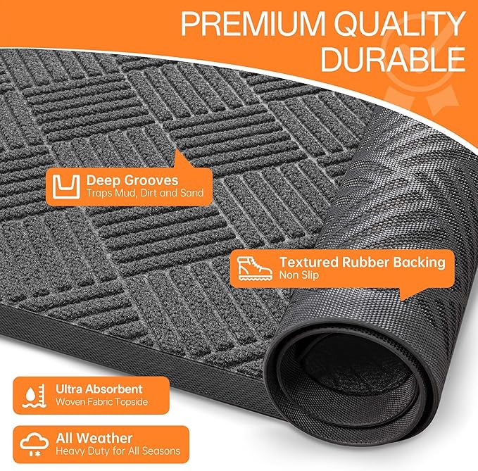 Indoor Outdoor Door Mat, 4’x 2' Doormat for Entryway, Rubber Backing Non Slip Front Door Mat Outside Entrance, Super Absorbent Commercial Floor Mat for Home Office, Gray