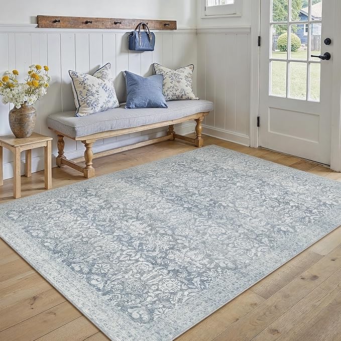 PureCozy Blue 5x7 Area Rug Washable Vintage Living Room Bedroom Carpet Indoor Non Slip Soft Low Pile Thin Rug Retro Accent Throw Office Dining Room