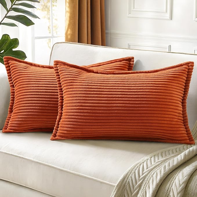 decorUhome Spring Corduroy Rust Throw Pillow Covers 12x20 Set of 2 Decorative Soft Boho Farmhouse Lumbar Couch Pillow Covers for Living Room Bed Sofa Broadside Striped Pillow Cases