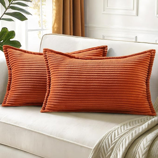decorUhome Spring Corduroy Rust Throw Pillow Covers 12x20 Set of 2 Decorative Soft Boho Farmhouse Lumbar Couch Pillow Covers for Living Room Bed Sofa Broadside Striped Pillow Cases