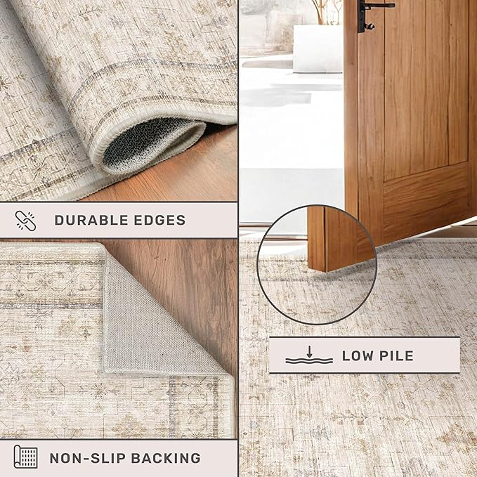 Ivory 5x8 Area Rug for Bedroom, Home Office, Washable Non Slip Dinning Rugs for Under Table, Soft Low Pile Neutral Farmhouse Boho Living Room Décor