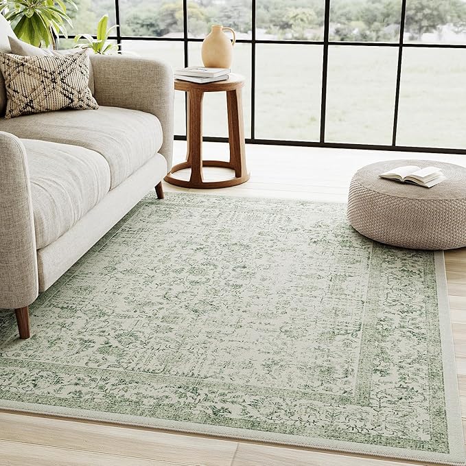 PureCozy Sage Green Area Rug 3x4 Washable Office Entryway Carpet Vintage Distressed Non Slip Kitchen Indoor Entry Neutral Low Pile Retro Floral Farmhouse Throw Mat for Laundry Dining Room Bedroom
