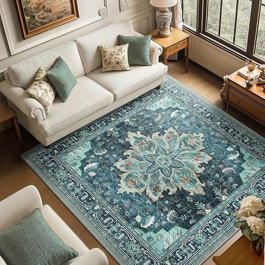 RELEANY Area Rugs Square 6ft Washable Non-Slip, Floral Vintage Distress Print Pattern Medallion Carpet for Living Room Bedroom Dining Room, Teal Green Lake Blue Turquoise