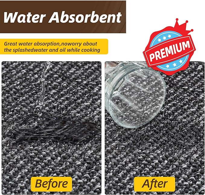 JSEI Kitchen Rugs and Mats, 2PCS Non-Slip Kitchen Mats for Floor, Machine Washable Absorbent and Stain Resistant Kitchen Runner, Carpet Mats with TPR Backing, 17''x30''+17''x48'', Charcoal