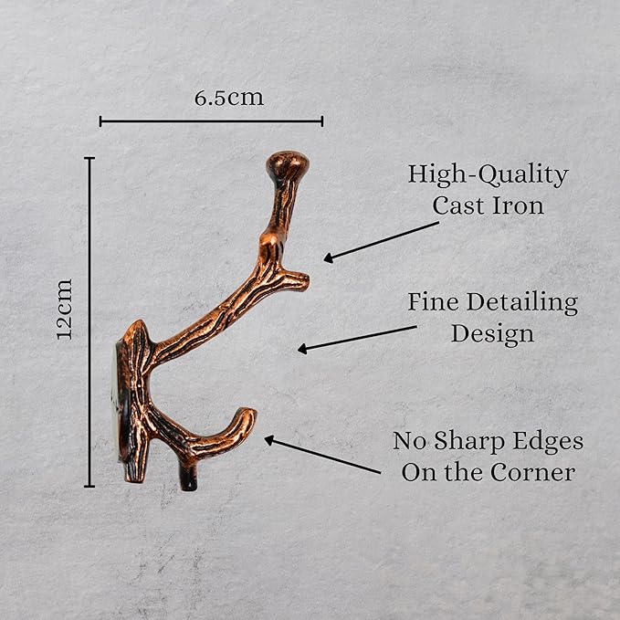 Set of 3 Cast Iron Tree Branch Shape Coat Hooks Wall Art Decor-Branch Shape Hangers and Key Holder-Clothes Rack and Backpack Hanger-Coat Hooks Home Decor for Storage,Living (Copper Antique)