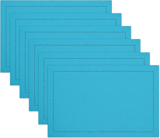 Ruvanti Linen Placemats Set of 6-13x19 Inch, Classic Hemstitch, Heat ‎Resistant Machine Washable Place Mats, Soft & Elegant- Perfect for Christmas, ‎Thanksgiving, Easter, Weddings, Dinner - Blue