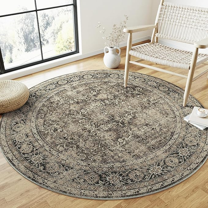 PureCozy Brown Round Area Rug 4ft Entryway 4x4 Circle Vintage Indoor Kitchen Washable Door Mat Living Room Carpet Non Slip Traditional Distressed Retro Accent Throw Rug Office Dining Room Bathroom