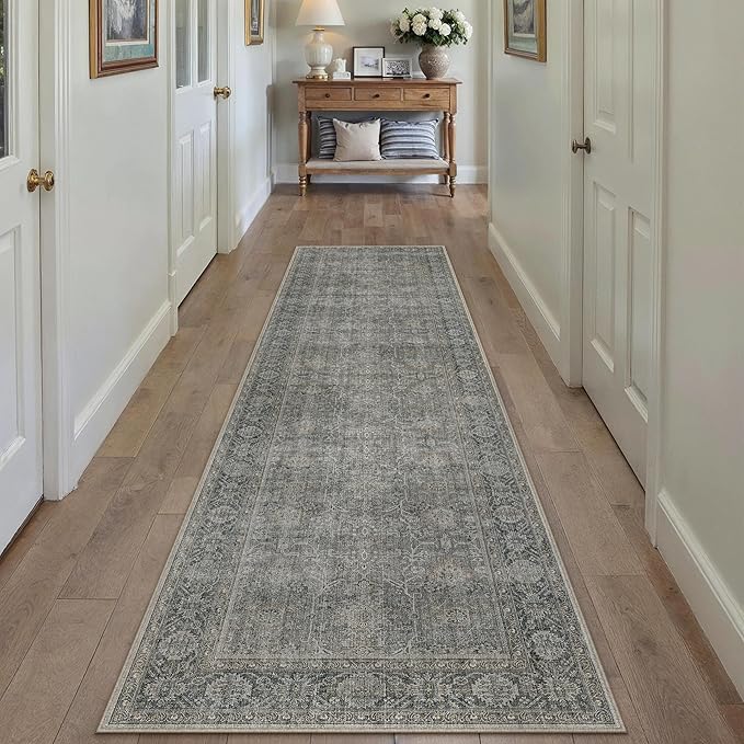 PureCozy Grey Brown Runner Rug 2x8 Vintage Carpet Hallway Long Indoor Kitchen Washable Living Room Low Pile Traditional Distressed Retro Accent Throw Rug Non Slip Laundry Bathroom Office Dining Room