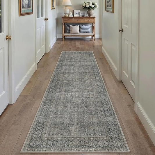 PureCozy Grey Brown Runner Rug 2x8 Vintage Carpet Hallway Long Indoor Kitchen Washable Living Room Low Pile Traditional Distressed Retro Accent Throw Rug Non Slip Laundry Bathroom Office Dining Room