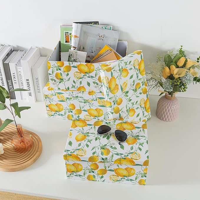 Soul & Lane Decorative Cardboard Storage Boxes with Lids for Home Decor and Organization, Set of 3 Large Keepsake Boxes for Memories & Gifts, Nesting Floral Photo Storage Containers, Zesty Lemons