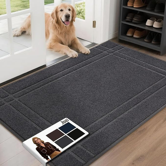 JSEI Entryway Rugs Doormat 32"x48", Non-Slip Dirt Trapper Door Mats Indoor, Washable Absorbent and Stain Resist Welcome Floor Mat for Front Door, Dog Door Mat, Muddy Wet Shoes & Paws, Dark Grey