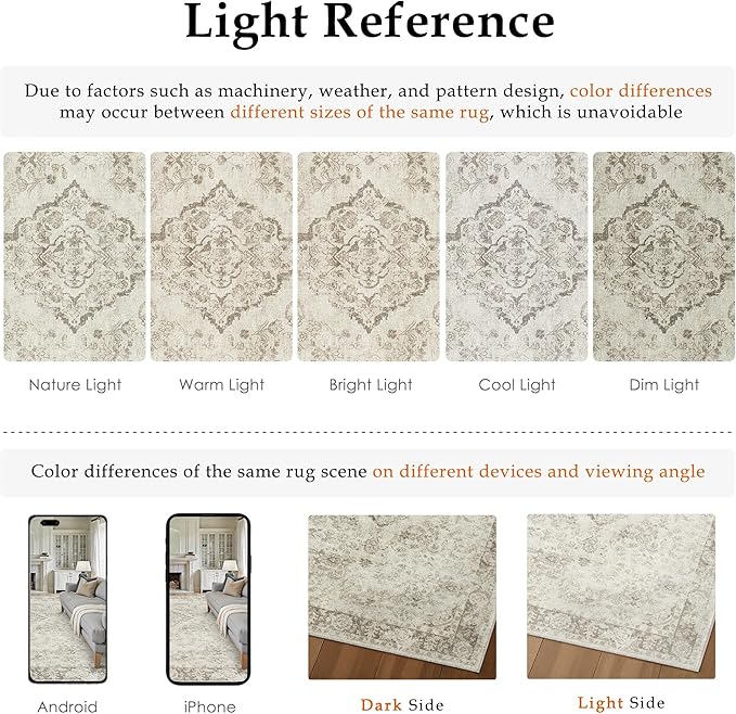 PureCozy 8x10 Area Rug Beige Washable Living Room Bedroom Carpet Vintage Distressed Large Non Slip Low Pile Thin Dining Room Office Medallion Accent Throw Rug