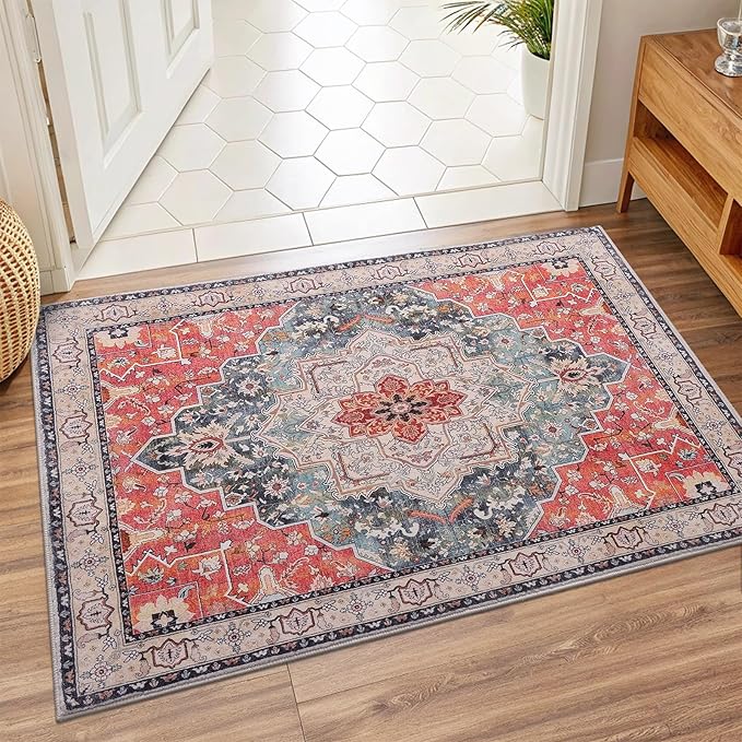 Vanmoos 2x3 Washable Area Rug – Soft, Non-Slip Entrance Rug, Durable Indoor Door mat, Floor Carpet for High-Traffic Areas, Entryway, Kitchen, and Bedside, Artistic Flair/Brick Red