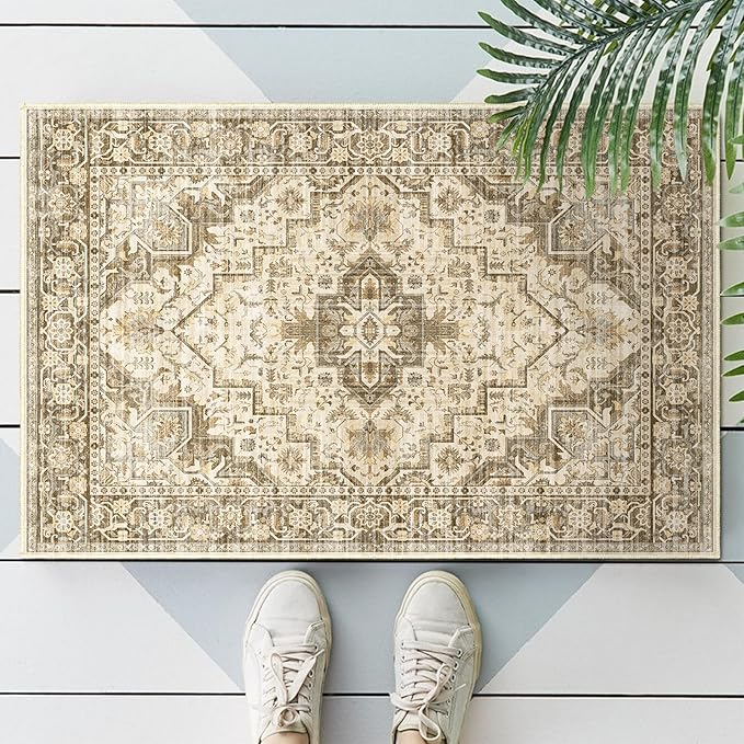 Fortsea Area Rug 2x3 Washable Door Mat, Vintage Distressed Rug Indoor Entrance Traditional Thin Rug, Floral Print Non Slip Carpet for Kitchen Bathroom Bedroom Living Room (Brown, 2X3)