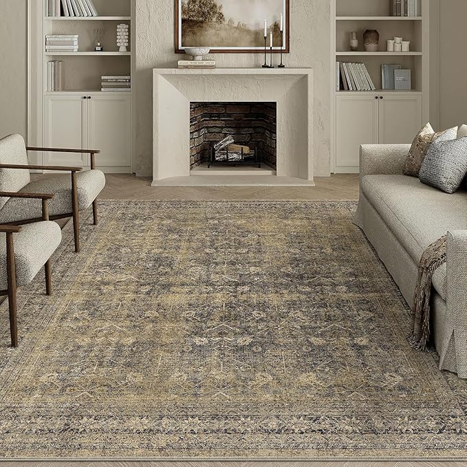 PureCozy 5x7 Brown Black Area Rug for Living Room Washable Vintage Distressed Carpet Bedroom Low Pile Non Slip Indoor Soft Retro Throw Accent Rug Office Kitchen Bathroom Dining Room