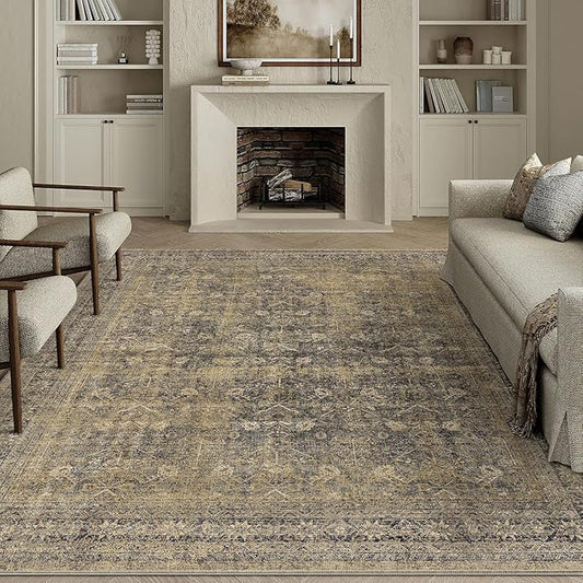 PureCozy 5x7 Brown Black Area Rug for Living Room Washable Vintage Distressed Carpet Bedroom Low Pile Non Slip Indoor Soft Retro Throw Accent Rug Office Kitchen Bathroom Dining Room
