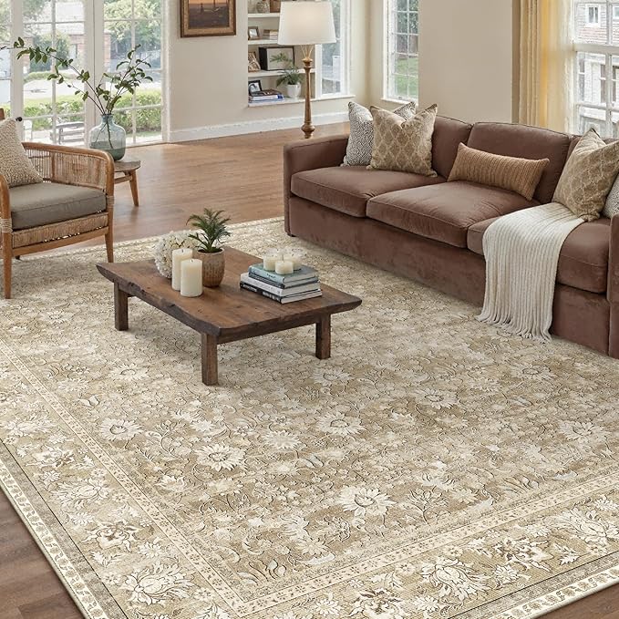 HUGEAR 6x9 Machine Washable Rugs Beige Hallway Large Area Rug Indoor Accent Rug Floral Low Pile Carpet Soft Throw Aesthetic Rug Bedroom Living Room Office Dining Room Kitchen Laundry Room