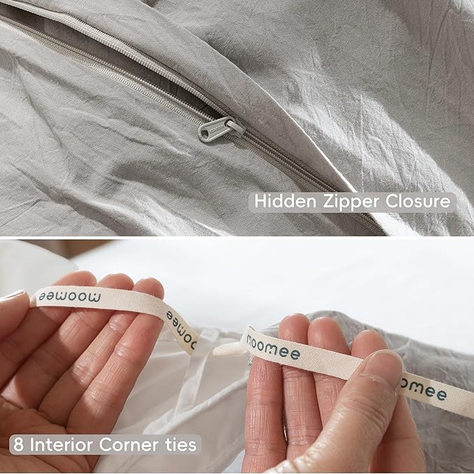 MooMee Bedding Duvet Cover Set 100% Washed Cotton Linen Like Textured Breathable Durable Soft Comfy (Solid Tan, King 104"x90")