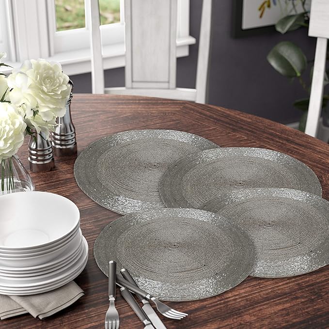 Beaded Placemats for Dining Table Dia 13 inches- Silver Tonal,Wire Beaded Placemats Round for Gathering, Thanksgiving - Occasional Decoration and Family Parties Celebrations.Set of 4