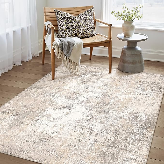 WondRg 3x4 Washable Area Rug Beige Grey Abstract Entryway Office Throw Rug Neutral Modern Non Slip Soft Low Pile Small Carpet for Kitchen Living Room Bedroom Entrance