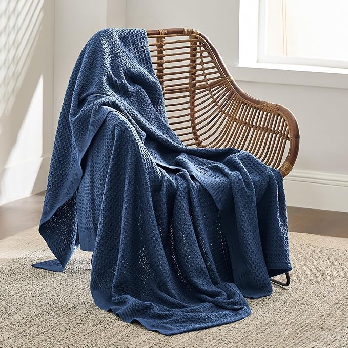 Bedsure Gentlesoft 100% Cotton Large Throw Blanket for Couch 50x70 inches - Breathable and Soft for Spring Summer, Waffle Weave Throw Blanket for Office, Navy