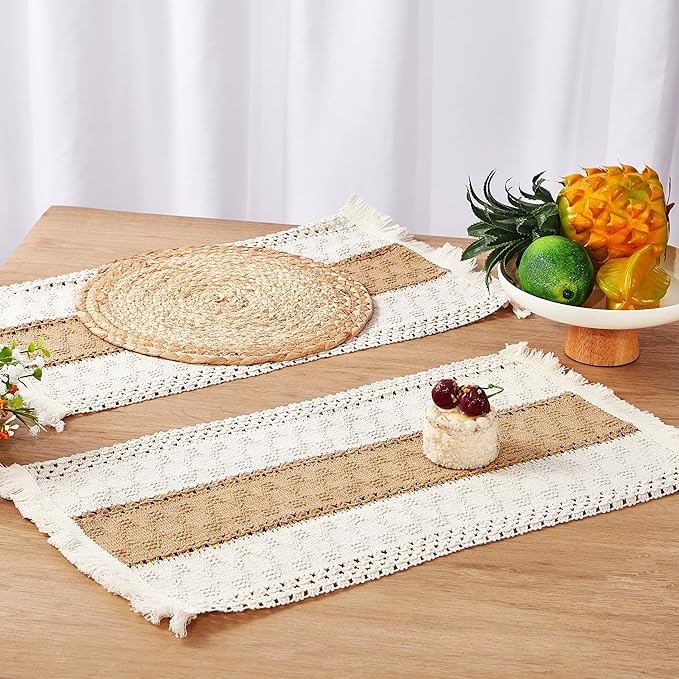 Denique Boho Placemats Set of 13 PCS - Handmade Grass Woven Meal Mats and Natural Cotton Linen Burlap, with 1 Macrame Burlap Table Runner 12x70inch, Table Mats Set for Dining Table Kitchen
