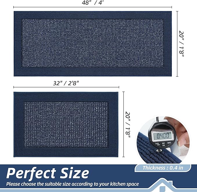 BEQHAUSE Kitchen Rugs and Mats Set of 2 Non-Slip Kitchen Mats for Floor, Absorbent and Stain Resistant Kitchen Runner, Machine Washable Rugs for Kitchen, Laundry & Sink, 20"x32"+20"x48", Blue