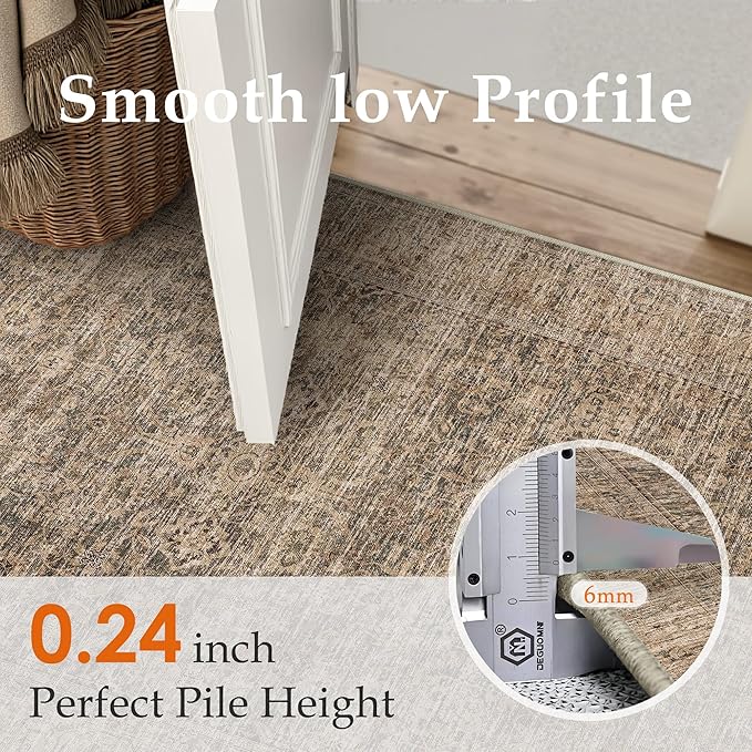 PureCozy 3x5 Area Rug Brown Machine Washable Entryway Office Vintage Distressed Non Slip Carpet Indoor Small Low Plie Thin Bedroom Kitchen Retro Accent Throw Rug Door Mat Entrance Bathroom Living Room