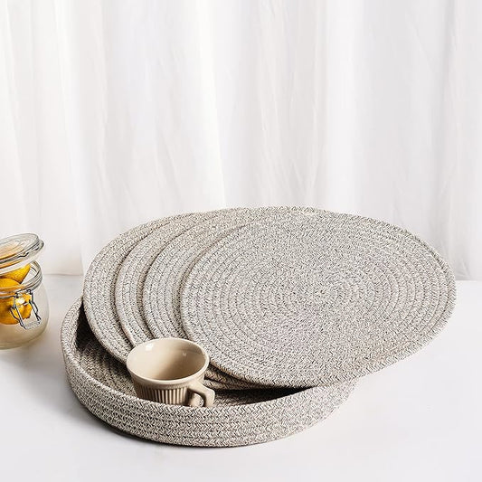 Art PineCone's Woven Cotton Rope Round Placemats Set of 4 with Holder Included, Non-Slip, and Heat Resistant Shabby Chic Placemats (Taupe Mix, 13 inch)