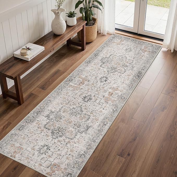 BESBLEE Runner Rug 2'6''x8, Non Slip Vintage Hallway Runner Rugs, Low Pile Lightweight Machine Washable Mat for Hallway, Entryway, Bedroom, Kitchen and Corridor, Light Taupe Brown
