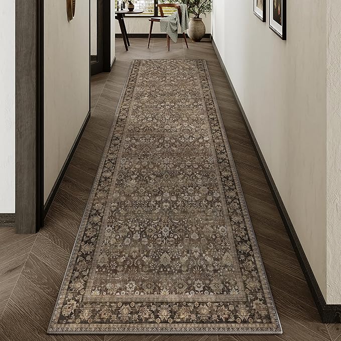 HUGEAR 3x10 Runner Rug Machine Washable Brown Hallway Area Rug Indoor Accent Rug Floral Low Pile Carpet Soft Throw Rug Bedroom Living Room Office Dining Room Kitchen Laundry Room Non Slip
