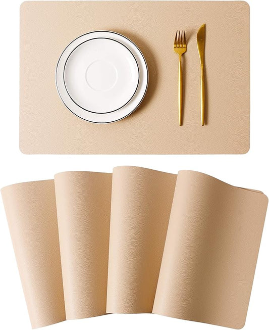 Wipeable Placemats Leather Table Mats Waterproof Heat-Resistant Easy to Clean for Dining Table Set Kitchen Table (4, Buff)