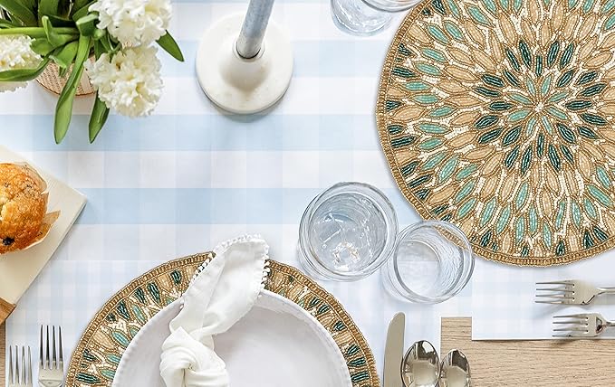 Beaded Placemats – 13'' Round Floral Marigold Design in Gold & Green, Decorative Beaded Charger for Dining Table, Perfect for Holidays & Christmas Bedding Craft