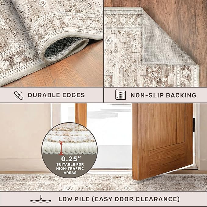 Washable Neutral Farmhouse Large Entryway Rug, 3x6 Area Rugs for Kitchen, Bedroom Beside Bed, Nursery Room, Boho Vintage Floral Non-Slip Throw Rug Low Pile Stain Resistant (3x6 Beige/Latte)