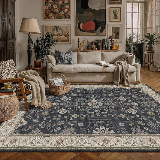 PureCozy Black 6x9 Area Rug Washable Vintage Carpet Living Room Large Indoor Bedroom Non Slip Low Pile Thin Soft Stain Resistant Accent Throw Rug Dining Office Kitchen Table Rug for Under Table