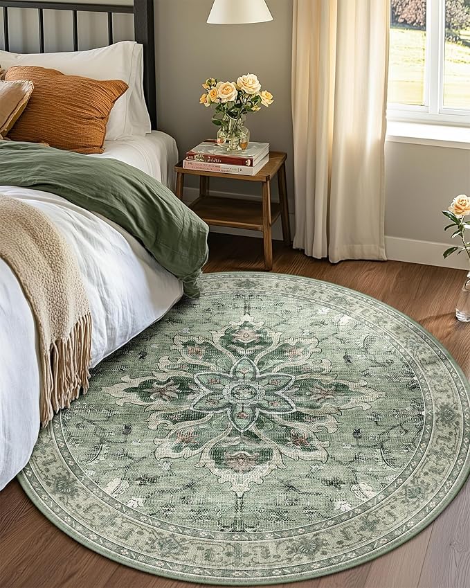 RELEANY Area Rugs 5ft Washable Non-Slip, Floral Vintage Distress Print Pattern Medallion Carpet for Living Room Bedroom Dining Room, Dark Green Gray