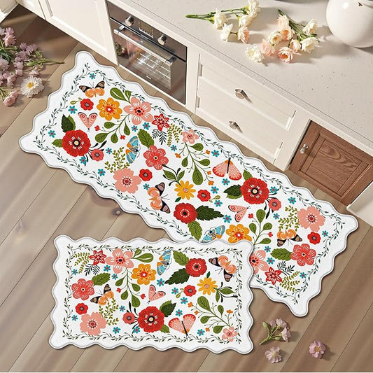 Scalloped Kitchen Mats for Floor 2PC Cushioned Anti Fatigue Kitchen Mats Rugs Waterproof Non Slip Farmhouse Boho Floral Comfort Foam Standing Mat for Sink Laundry, White