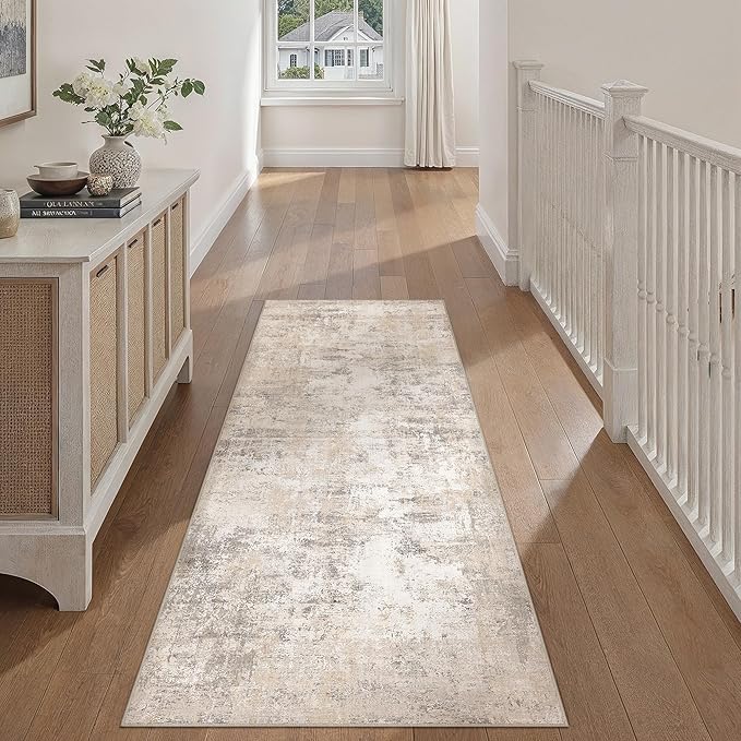 WondRg 2x6 Washable Runner Rug Beige Grey Abstract Hallway Kitchen Throw Rug Neutral Modern Non Slip Soft Low Pile Carpet for Bathroom Laundry Bedroom Living Room