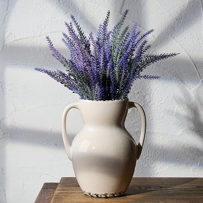 Emotionally Grounded Vase, Vaseking Large Ceramic Rustic Vase with 2 Handles, 8.3 inch Minimalist Decorative Farmhouse Vases for Home Decor, Living Room, Enterway, Table Decoration, Ice Cracked White