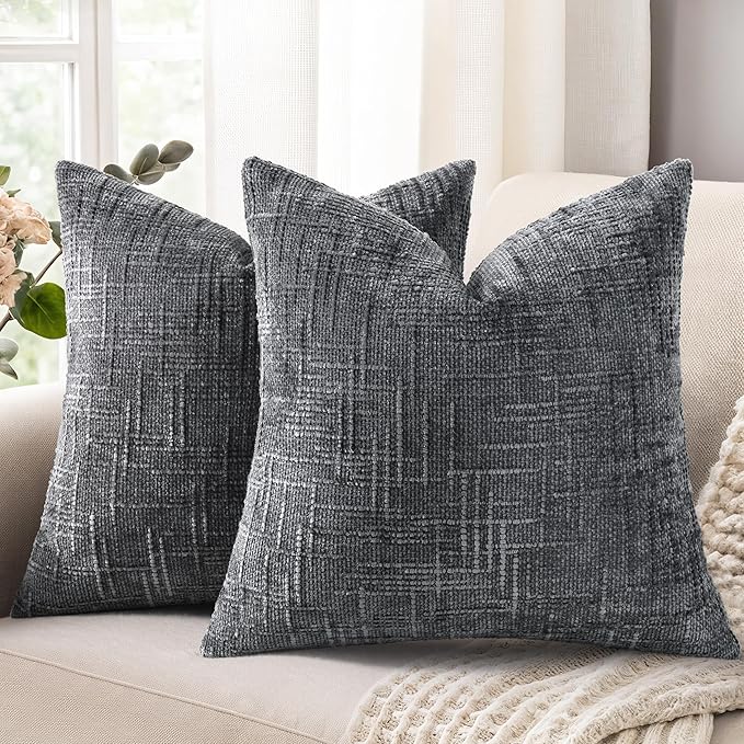 decorUhome Spring Dark Grey Chenille Throw Pillow Covers 16x16 Set of 2 Textured Slubby Couch Pillow Covers Farmhouse Accent Modern Neutral Decorative Pillow Cases for Bed Sofa Living Room