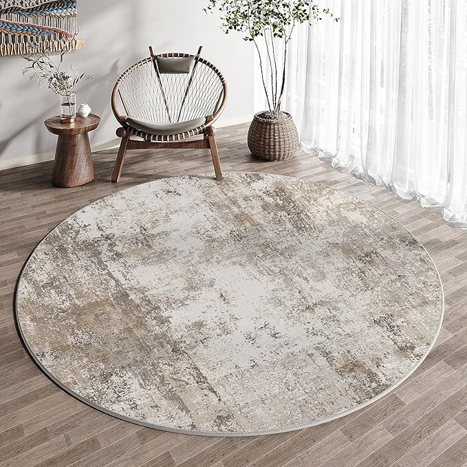 WondRg 6x6 Washable Round Rug Brown Grey Abstract Living Room Bedroom Area Rug Neutral Modern Non Slip Soft Low Pile Indoor Carpet for Dining Room Office Entryway