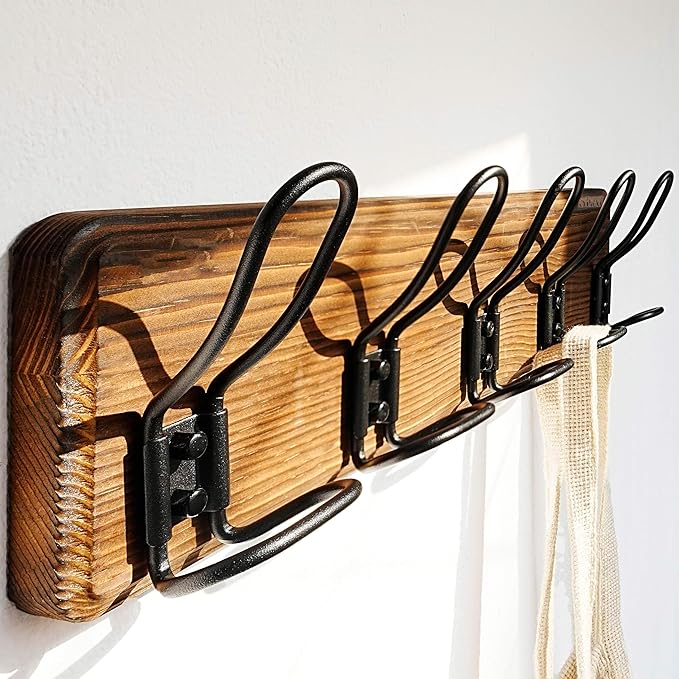Dseap Coat Rack Wall Mounted - Heavy Duty Farmhouse Rustic Wall Coat Hanger With 5 Wire Hooks for Clothes Hat Jacket Towel, RusticWire, G25A, Rustic Brown & Black