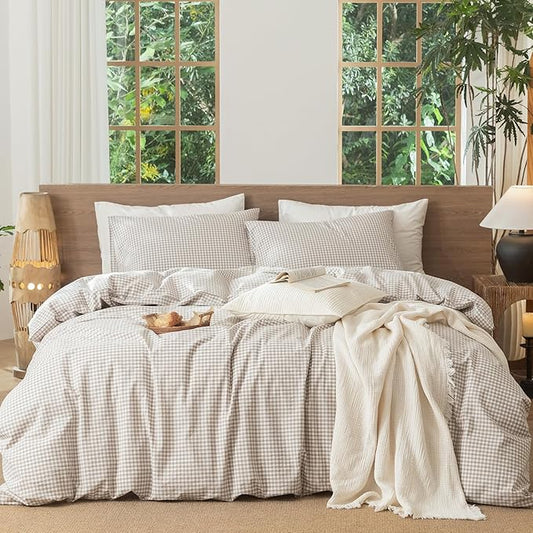 MooMee Gingham Duvet Cover Set 100% Washed Cotton Linen Like Textured Breathable Durable Soft Comfy Modern Checkered Design (Mini Gingham Tannish Linen Grey, Full 80"x90")