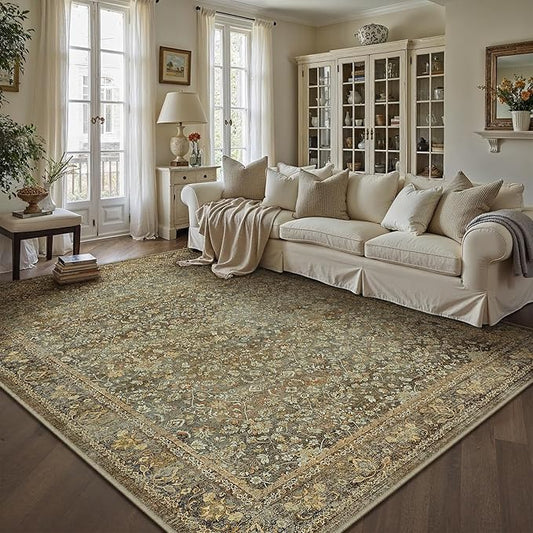 PureCozy Area Rug 6x9 Brown Living Room Washable Vintage Carpet Non Slip Indoor Retro Traditional Accent Throw Large Rug for Office Bedroom Dining Room Playroom