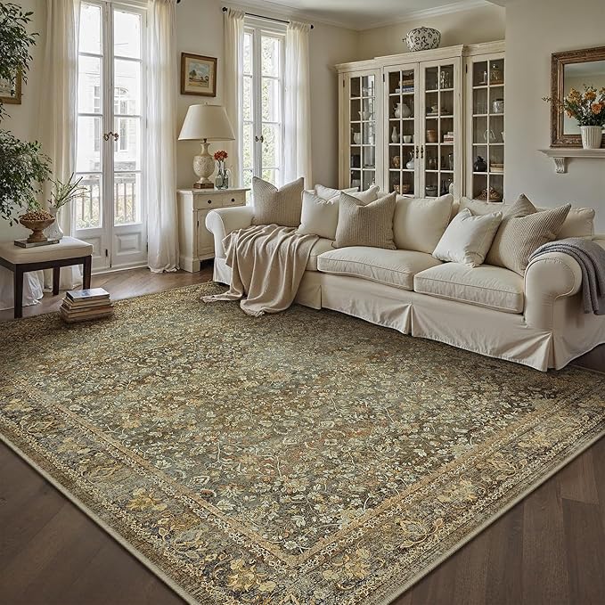 PureCozy Area Rug 5x7 Brown Living Room Washable Vintage Carpet Non Slip Indoor Retro Traditional Accent Throw Large Rug for Office Kitchen Bedroom Dining Room