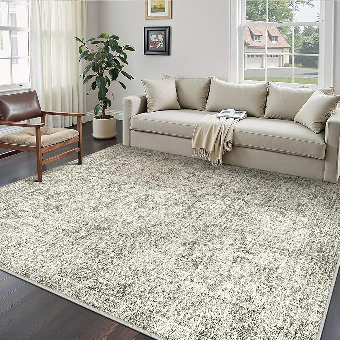 PureCozy 5x7 Area Rug Washable Vintage Neutral Living Room Carpet Large Indoor Non Slip Taupe Bedroom Distressed Low Pile Retro Accent Throw Rug for Dining Room