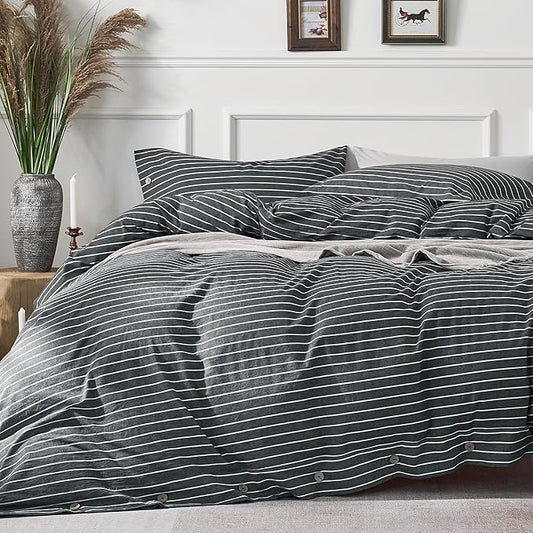 JELLYMONI Cotton Duvet Cover Full Size - Gray Pinstriped Comforter Cover with Button 100% Washed Cotton 3PCS Breathable Soft Solid Bedding Set Duvet Cover 80×90in & 2 Pillowcases (NO Comforter)