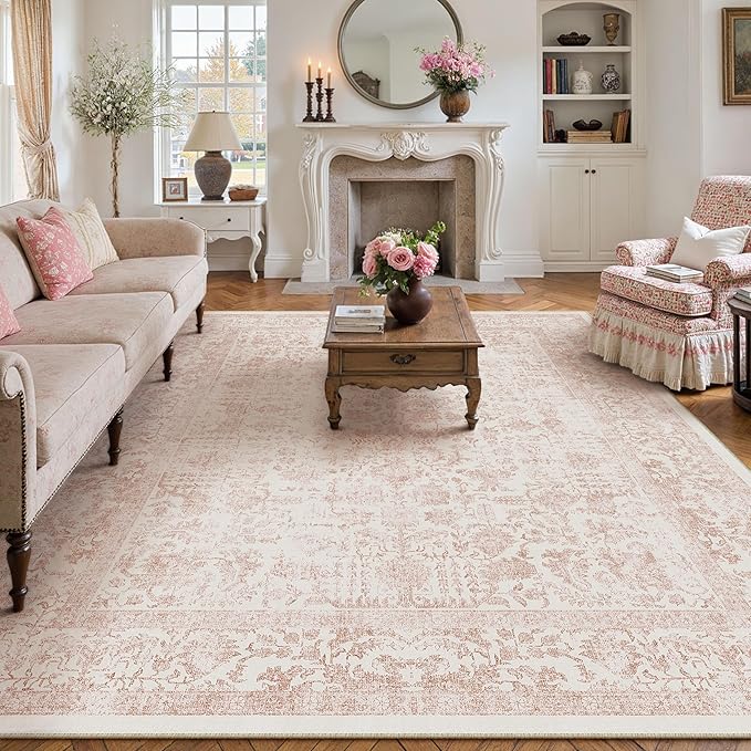 PureCozy Pink Area Rug 6x9 Machine Washable Vintage Living Room Distressed Non Slip Carpet Traditional Indoor Bedroom Retro Floral Accent Throw Large Rug for Office Kitchen Dining Room