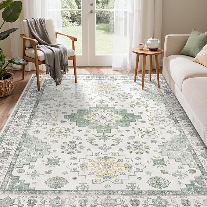 GENIMO 5x7 Area Rugs for Living Room,Machine Washable Non-Slip Vintage Rug, Low Pile Lightweight Carpet for Bedroom, Dining Room, Home Office, Stain & Fade Resistant,Green
